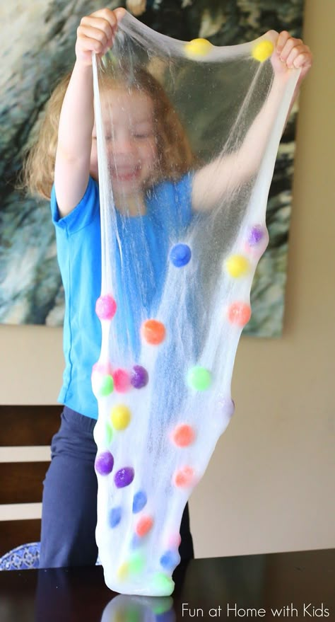 Recipe for an ultra fun and stretchy Polka Dot Slime!  Fun at Home with Kids Diy Slime Recipe, Anniversaire Harry Potter, Diy Slime, Toddler Fun, Sensory Activities, Craft Activities For Kids, Craft Activities, Pom Poms, Projects For Kids