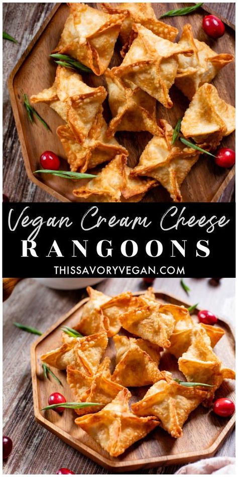 Vegan Asian Appetizers, Vegan Cream Cheese Wontons, Recipes With Vegan Cream Cheese, Christmas Vegan Appetizers, Vegan New Years Recipes, Christmas Appetizers Vegan, Vegan Christmas Food, Vegan Appetizers Finger Foods, Vegan Hors D’oeuvres