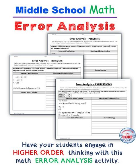 6th Grade, 7th Grade and 8th Grade Math ERROR ANALYSIS (Find the Error) - Have your students engage in higher order thinking with this math ERROR ANALYSIS activity. Each set includes 10 word problems that are solved incorrectly. Students have to IDENTIFY THE ERROR, provide the CORRECT SOLUTION and share a helpful STRATEGY for solving the problem. All problems are aligned to the common core. Error Analysis Math, Math 7th Grade, Worksheets For Middle School, Find The Error, Error Analysis, Middle School Math Teacher, Math 8, Sixth Grade Math, Math Interactive