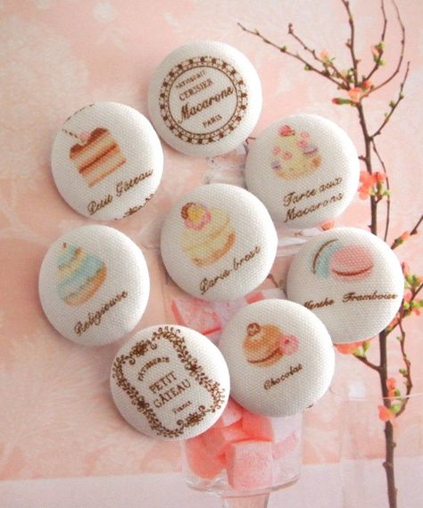 Fabric Buttons, Fridge Magnets, Food Magnets, Covered Buttons, Macarons Buttons, French Buttons, Cottage Chic, Flat Backs, 1.2 Inches 8's Brown Macarons, Sweets Ideas, Button Creations, Handmade Buttons, Cake Pastry, Fabric Buttons, French Macarons, North And South America, Cupcake Cake