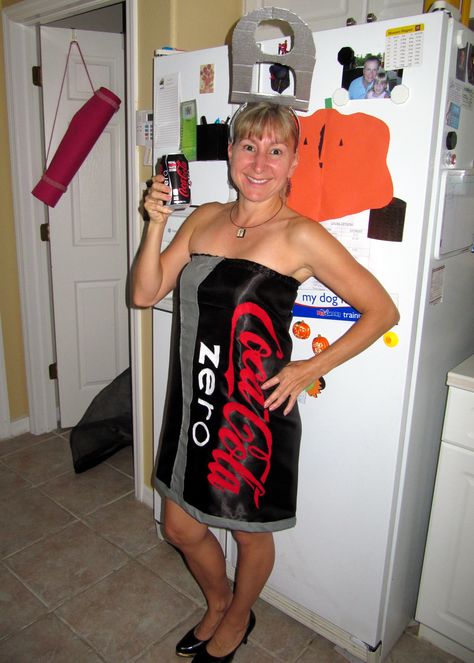 2011. Coke zero costume.  Also one of my favorites.  Made simple dress with elastic on top. Blew up lettering on printer and cut out of fabric and then glued it on dress.  Pop top is made out of cardboard and attached to a headband. Coke Zero Halloween Costume, Zero Costume, Zero Coke, Coke Zero, Pop Top, Costumes Halloween, Simple Dress, Couple Halloween, Couple Halloween Costumes