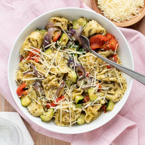 Mealime - Basil Pesto Tortellini with Roasted Peppers, Zucchini & Parmesan Recipe For Basil Pesto, Zucchini Parmesan, Basil Pesto Recipes, Pesto Tortellini, Pesto Cheese, Budget Friendly Meals, Parmesan Zucchini, Cheese Tortellini, Healthy Meal Ideas