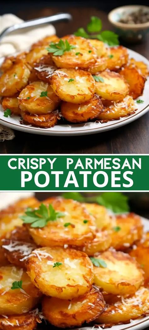 Indulge in the ultimate comfort: CRISPY PARMESAN POTATOES. Discover our easy, oven-baked recipe for a deliciously cheesy, crunchy side dish. Parmesan Potato Recipe, Crispy Parmesan Potatoes, Parmesan Crusted Potatoes, Potato Snack, Parmesan Potato, Garlic Parmesan Potatoes, Potato Side Dish, Potato Appetizers, Parmesan Roasted Potatoes