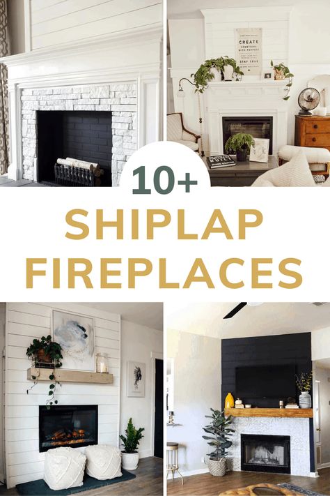 Looking for a fun way to make your fireplace look more modern? Update it with a shiplap makeover. Get inspired with these shiplap fireplace ideas! Shiplap Fireplace Ideas, Farmhouse Fireplace Ideas, Brick Fireplace Wall, Modern Farmhouse Fireplace, Wood Mantle Fireplace, Farmhouse Fireplace Decor, White Brick Fireplace, Fireplace Redo, Shiplap Fireplace