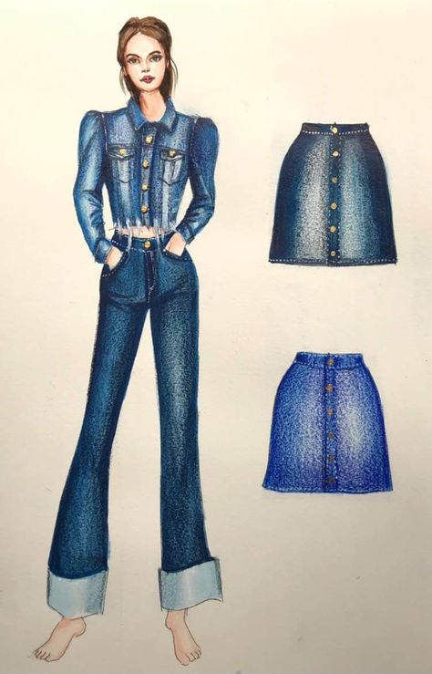 Denim Rendering Illustration, Denim Sketch Illustration Fashion, Denim Outfit Illustration, Denim Drawing Fashion Illustrations, Denim Illustration Fashion, Denim Illustration Sketch, Denim Rendering, Denim Illustration, Denim Fashion Illustration