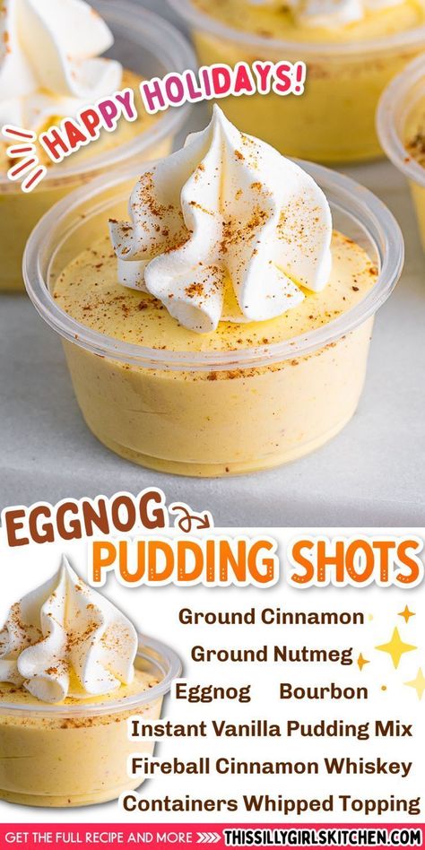 Eggnog Pudding Shots, Holiday Pudding, Eggnog Pudding, Pudding Shot Recipes, Eggnog Dessert, Pudding Shots, Boozy Desserts, Vanilla Pudding Mix, Shot Recipes