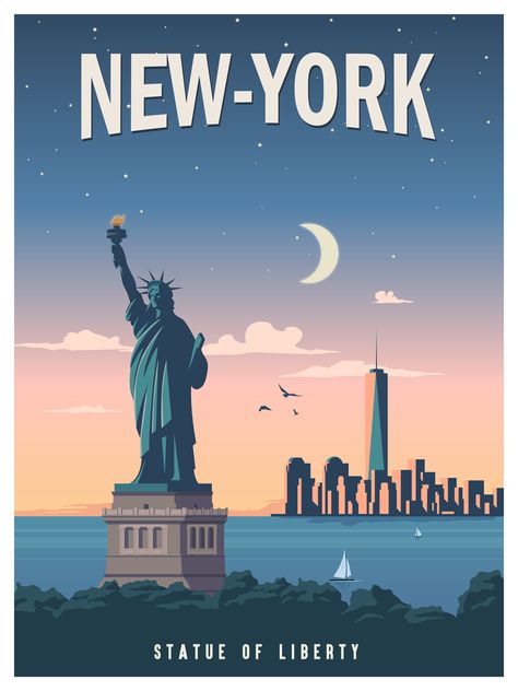 New York Travel Poster, Usa Skyline, Illustration Poster Design, New York Statue, Travel Poster Design, Illustration Poster, American Cities, New York Travel, Graphic Design Portfolio