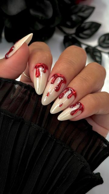 Daily Charme Official on Instagram: "EASY 3D Blood Drip Chrome Nail Tutorial 🩸✨ Comment “BLOOD DRIP” for the direct link to everything you need to recreate this spooky Halloween look! 💅  Save & share for easy Halloween nail inspo! ♥️  #halloweennails #blooddripnails #chromenails #spookynails #3dnails #diynails #rednails #nailtutorial #nailarttrends #fallnails #halloween2024 #nailinspo #nailtech #howtonails #nails #nailinspo #halloween" Chrome Drip Nails Designs, White Blood Splatter Nails, Halloween Nail Designs 3d, Chrome Blood Nails, Halloween Blood Drip Nails, Spooky Chrome Nails, Spooky Nails Ideas, The Shining Nails, Blood Drop Nails