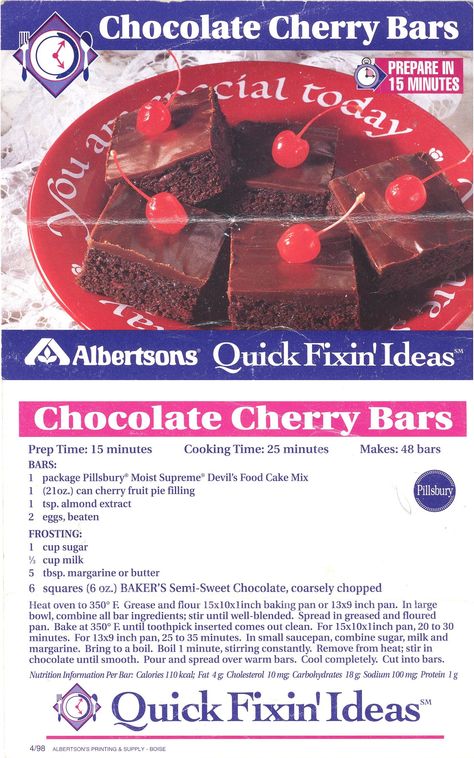 Albertsons - Pillsbury Chocolate Cherry Bars recipe from the 1990s. Cherry Bars Recipe, Chocolate Cherry Bars, Scrumdiddlyumptious Recipes, Fruit Pie Filling, Cherry Bars, Devils Food Cake Mix Recipe, Pillsbury Recipes, Magazine Recipes, Canned Cherries