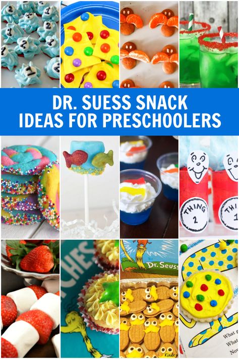 These yummy Dr. Seuss snack ideas for preschoolers are perfect whether you're celebrating Dr. Seuss's birthday or Read Across America. Dr Seuss Snacks For Toddlers, Dr Seuss Food Ideas Classroom, Dr Sues Snacks, Dr Seuss Snack Ideas For Preschool, Dr Seuss Snacks For Kids, Dr Suess Snacks For Kids Food Ideas, Wacky Wednesday Snack Ideas, Dr Seuss Snacks For School Classroom, Seuss Snacks