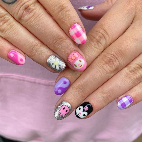 Kuromi Nails For Kids, Nail Design For Kids, Nails Design For Kids, Uñas Kuromi, Kids Nail Art Designs, Kuromi X My Melody, Pastel Goth Nails, Kids Nail Art, Kuromi Nails