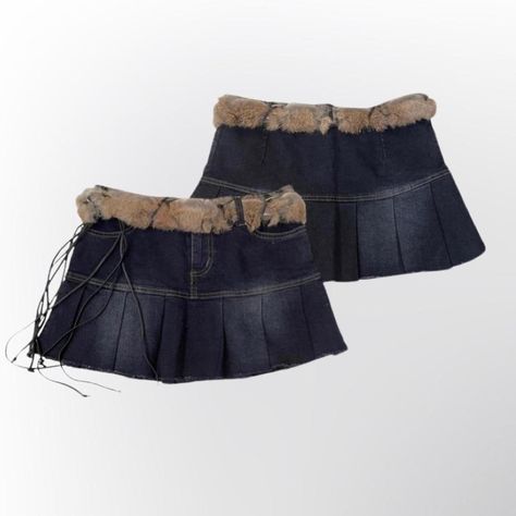 Denim Pleated Mini Skirt, Fur Belt, Navy Skirt, Fairy Grunge, Low Waisted, Pleated Mini Skirt, Dark Wash Denim, Denim Mini, Denim Mini Skirt