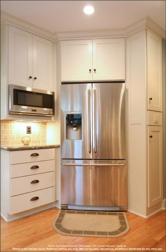 Corner Kitchen Fridge, Refrigerator In The Corner, Full Length Corner Kitchen Cabinet, Corner Refrigerator Ideas, Corner Refrigerator Kitchen Layout, Corner Cabinet Next To Refrigerator, Refrigerator In Corner Of Kitchen, Corner Fridge Kitchen Layout, Corner Fridge In Kitchen