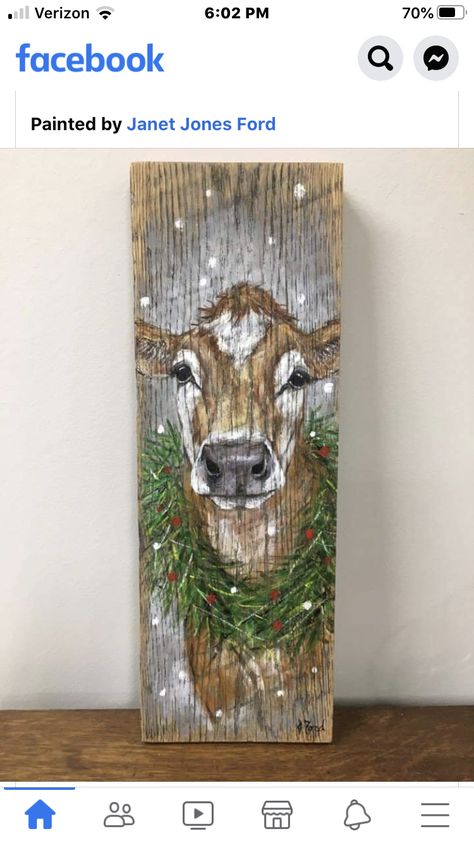 Painting On Fence Boards, Fall Door Painting Ideas, Board Painting Ideas Christmas, Fence Board Painting Ideas, Christmas Cow Painting, Hand Painted Christmas Signs, Cow Christmas Decor, Barn Wood Art, Cow Paintings