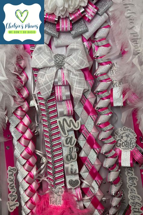 Senior Mums Homecoming White, Hot Pink Homecoming, Senior Mums Homecoming, Hoco Mums, Senior Mums, Senior Homecoming, Football Mums, Mums And Garters, Mums The Word