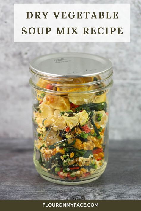 Easy to make homemade Dried Vegetable Soup Mix in a jar made with dehydrated or freeze dried vegetables. Vegetable Soup Mix Recipe Dry, Dehydrated Vegetable Soup, Soup Seasoning Mixes, Mason Jar Instant Soup Recipes, Dry Soup In A Jar Recipes, Dehydrated Vegetable Soup Mix Recipes, Dehydrator Meals In A Jar, Meal In A Jar Recipe Dry Mixes, Dried Soup Mix In A Jar