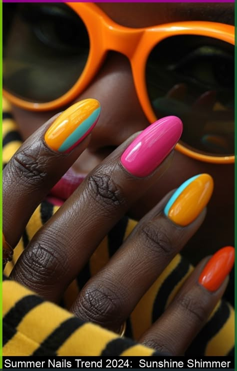 Summer Nails Trend 2024:  Sunshine Shimmer Orange Nail Aesthetic, Summer 2024 Nails Colors, Trend Nails 2024, Summer 2024 Nails, Spring Season Color Palette, Nail Designs Abstract, Nails For Hawaii, Multi Color Nails, Prints Street Style