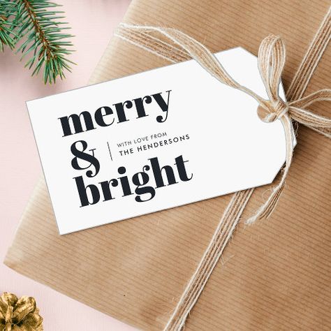 Merry And Bright Black And White Trendy Christmas Gift Tags #zazzle #weddinginvitations #birthdayinvitations #babyshowerinvitations #zazzleinvitations #monogram #businesscards #graduation #homedecor Forest Green Christmas, Trendy Luggage, Trendy Christmas Gifts, Luggage Stand, Simple Holiday Gifts, Corporate Christmas Gifts, Typography Designs, Custom Ribbon, Cute Christmas Gifts