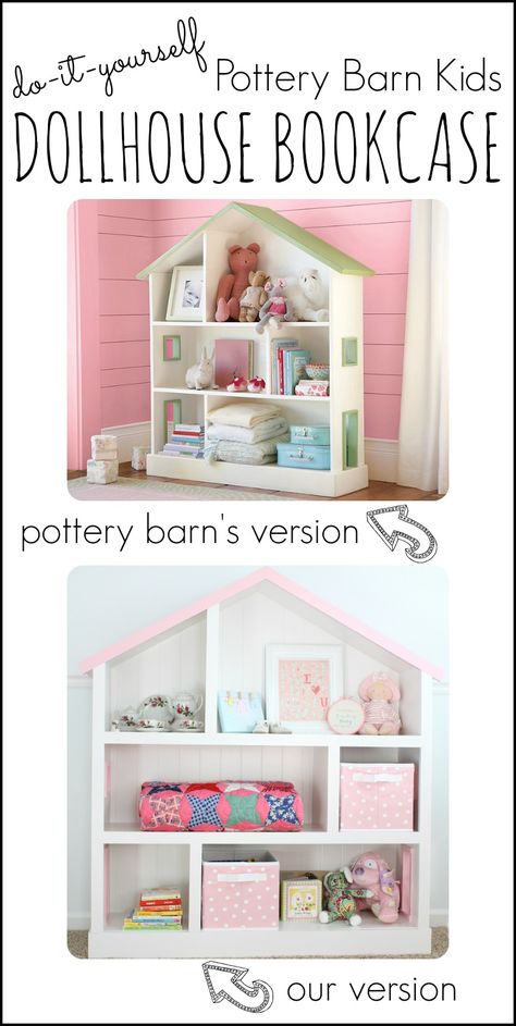 This dollhouse bookcase looks even better than the Pottery Barn version! Girls Bookshelf, Pottery Barn Bookcase, Baby Doll House, Dollhouse Bookshelf, Dollhouse Bookcase, Diy Keramik, Kids Doll House, Bookcase Diy, Hemma Diy