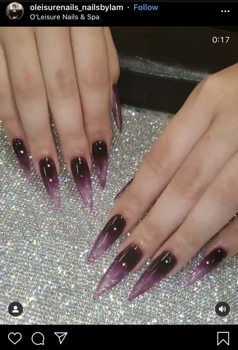 Goth Stilleto Nails Designs, Pointy Long Nails, Goth Nails Purple, Succubus Nails, Gothic Gel Nails, Goth Acrylic Nail Designs, Mysterious Nails, Purple Goth Nails, Nail Nail Designs