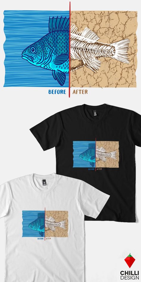 Trendy environmental engagement and awareness t-shirt design reality of climate change. Fish illustration before and after drought. Save the Planet t shirt design. Sustainable fashion. Eco sweatshirt design. Tshirt design with fish drawing. Carbon footprint before-after. Climate change reality tees. #tshirt #tshirtdesign #drought #environment #ecology #earthday #planetearth  #2018WDCD #Land4Life #desertification #DroughtMonitor Water Tshirt, Extinction Rebellion, Ecology Design, Fish Drawing, Eco Clothing, Fish Illustration, Fish Drawings, Design Tshirt, Carbon Footprint