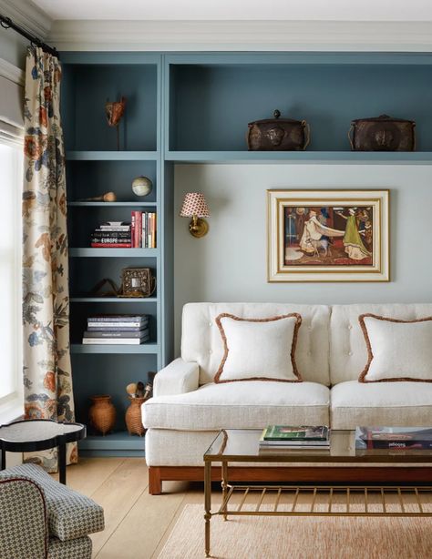 Alcove ideas | House & Garden Alcove Behind Sofa, Blue Alcove Living Room, Decorate An Alcove, Alcove Ideas Living Room With Tv, Alcove Living Room, Alcove Ideas, Blue Living Room, House Garden, How To Decorate