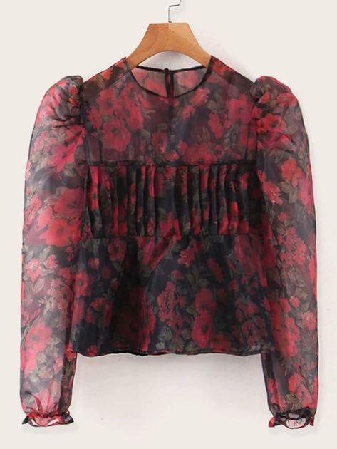 Floral Print Puff Sleeve Organza Sheer Blouse | SHEIN Printed Organza Kurti Designs Latest, Organza Short Kurti Designs, Printed Organza Kurti Designs, Organza Sleeves Style For Kurti, Organza Puff Sleeve Blouse Indian, Organza Tops Designs, Organza Top Outfit, Organza Tops Blouses, Organza Kurti Designs