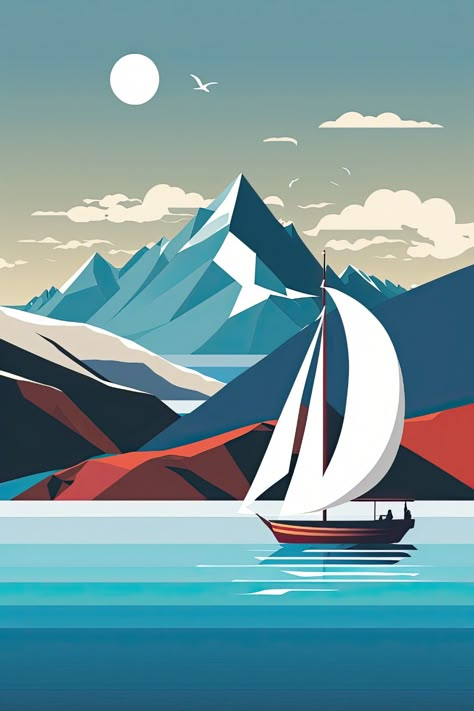 Geometric Landscape Design, Cool Art Paintings, Flat Color Illustration, Geometric Digital Art, Geometric Landscape, Polygon Art, Surreal Artwork, Paintings Ideas, Sailing Boat