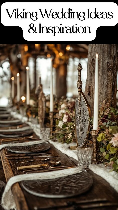 Viking-themed wedding setup with traditional Viking swords, shields, and rustic décor, featuring nature-inspired centerpieces that evoke ancient Norse traditions. Nordic Wedding Traditions, Viking Centerpieces, Diy Viking Wedding Decor, Norse Home Decor, Outlander Wedding Theme, Norse Decoration, Midevil Wedding Aesthetic, Narnia Wedding Theme, Viking Party Ideas Adults