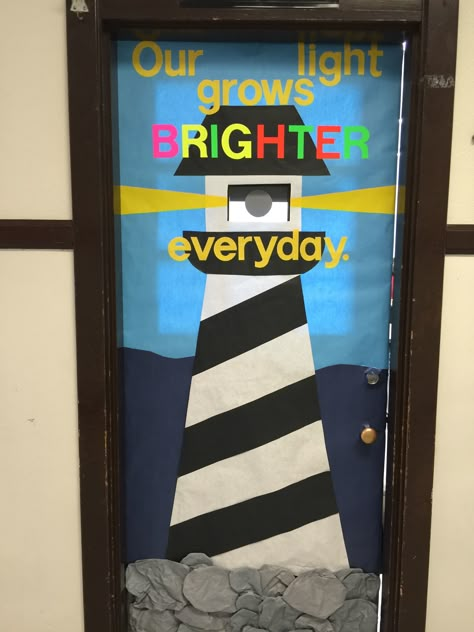 Lighthouse                                                                                                                                                      More Nautical Classroom Theme, Reading Corner Classroom, Beach Theme Classroom, Nautical Classroom, Catholic Schools Week, Ocean Theme Classroom, Church Bulletin Boards, Teacher Doors, School Doors