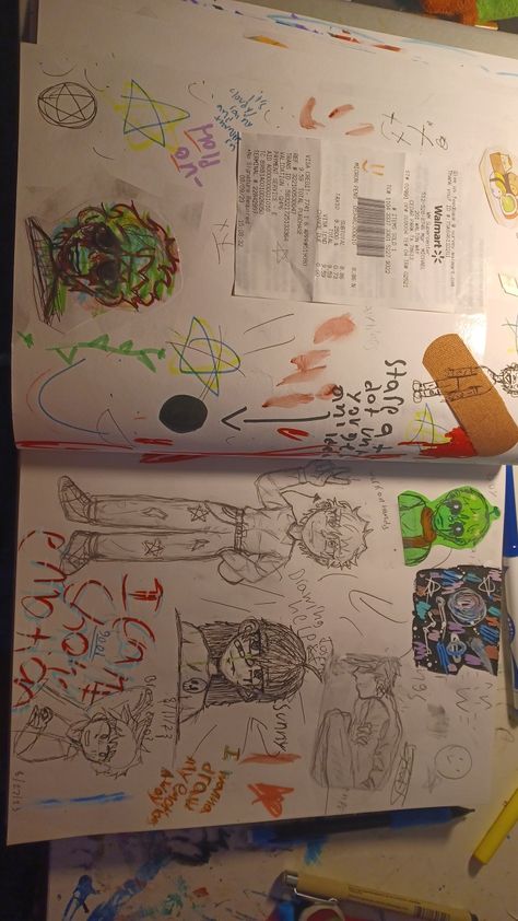 The art sucks on it but I like the cluttered vibe of the page Cluttered Sketchbook, Cluttered Art, Clutter Art, Sketch Pages, Sketchbook Pages, Art Pages, Sketch Book, My Favorite, Art Inspiration