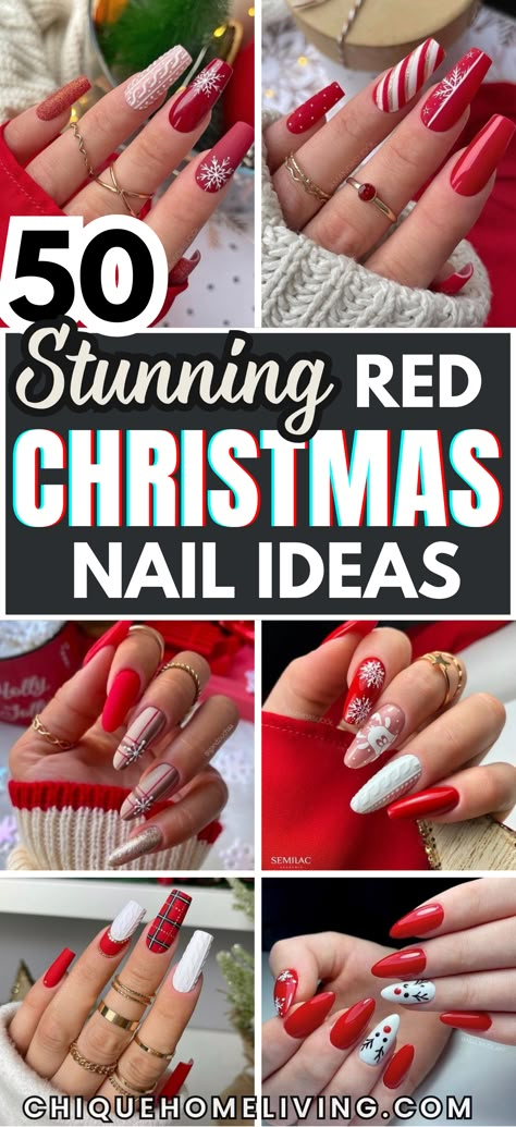 Ready to sleigh your holiday look? Check out these 50 red Christmas nail ideas that are perfect for adding festive flair to your style this season! From classic crimson shades to glittery accents and whimsical nail art, these designs will make your nails the star of any holiday gathering. Think elegant matte finishes, playful candy cane stripes, and stunning snowflake designs to get you into the holiday spirit. Red Nail Design Christmas, Candy Cane Christmas Nails Acrylic, Red Silver And Gold Nails, Christmas Nails Nail Art Red, Christmas Nails Designs 2024, Christmas Nails That Are Not Red, Christmas’s Nail Ideas, Red Silver White Nails, Non Christmas Christmas Nails