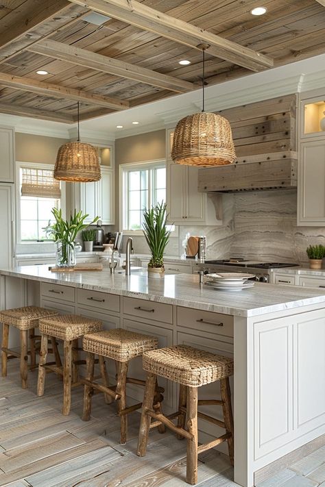 Low Country Kitchen Design, Coastal Lake House Interior Design, Coastal House Kitchen, Lake House Kitchen Ideas, Beach House Kitchen Ideas, Modern Beach House Kitchen, Coastal Boho Kitchen, Huge Kitchen Island, Coastal Kitchen Ideas