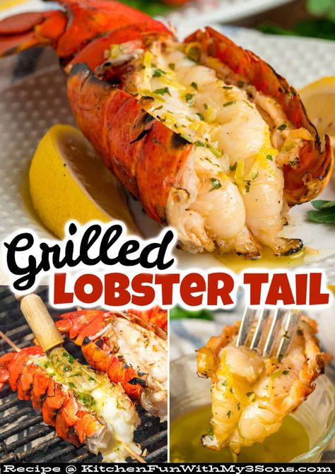 This Grilled Lobster Tail recipe offers tender, juicy lobster meat generously brushed with garlic butter. Elegant yet easy, this recipe is perfect for date nights, birthdays, and other special occasions.  #lobsterrecipes #seafoodrecipes Lobster On Grill, How To Grill Lobster Tails On The Grill, Lobster Tail On The Grill, Grilling Lobster Tails, Bbq Lobster Tails, Bbq Lobster, Grilled Lobster Recipes, Grilled Lobster Tail Recipe, Grill Lobster Tail Recipe