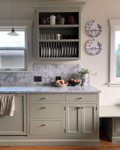 Studio Laloc, Lauren L Caron's kitchen of her 1916 Craftsman in Seattle. Instagram. Friends Riding Horses, Studio Shamshiri, Plate Racks In Kitchen, Seattle Interior Design, Slow Days, Spending Time With Family, Inset Cabinets, Time With Family, Green Cabinets