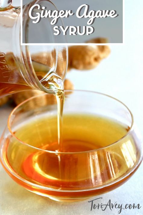 Ginger Agave Syrup - Simple syrup made with agave and fresh ginger root. Adds a sweet ginger essence to beverages, cocktails, hot tea, mocktails and smoothies. | Tori Avey #ginger #agave #cocktails #mocktails #simplesyrup #TorisKitchen #ToriAvey via @toriavey Uses For Agave Syrup, Blue Agave Recipes, Agave Simple Syrup, Agave Syrup Recipes, Agave Cocktails, Simple Syrups, Simple Syrup Recipes, Ginger Syrup, Fruit Infused Water