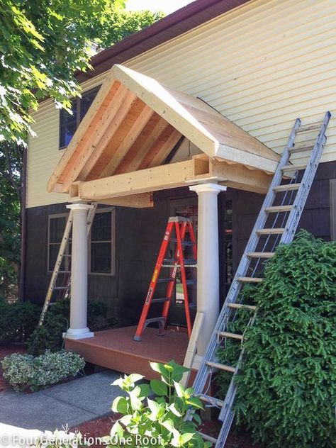 How to build a portico with round columns and vinyl maintenance free decking .   I would love to build this on our front porch. Maintenance Free Deck, Architecture Renovation, Building A Porch, Porch Roof, Front Door Entrance, Exterior Remodel, House With Porch, Exterior Ideas, Front Entrances