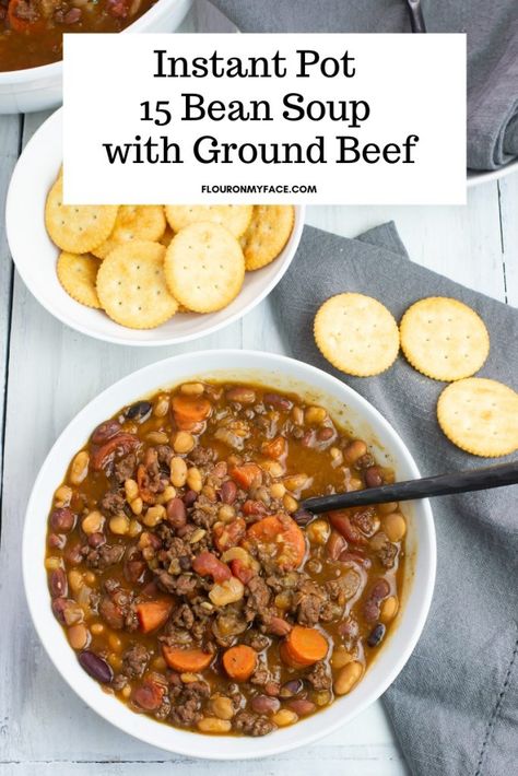 #ad Thick and hearty Instant Pot 15 Bean Soup recipe with ground beef is a delicious and easy Instant Pot soup recipe. @hurstbeans 15 Bean Soup Recipes Instant Pot, 15 Bean Soup With Ground Beef, Beans And Ground Beef Recipes, 15 Bean Soup Instant Pot, Instant Pot 15 Bean Soup, Beans And Ground Beef, Instant Pot Beans, Soup In Instant Pot, Fiber Fueled