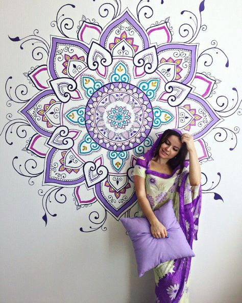 Lotus Flower Mandala Art, Wall Painting Mandala, Mandala Wall Art Murals, فن الرسم بالمسامير, Lotus Flower Mandala, Creative Wall Painting, Yoga Studio Design, Lotus Flower Art, Mandala Wall Decor