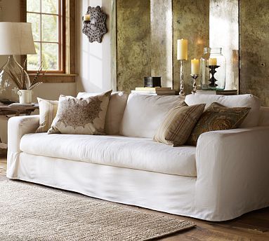 Pottery Barn Solano sofa + white slipcover Pottery Barn Slipcover Sofa, Pottery Barn Couch, White Slipcover Sofa, White Linen Sofa, Pottery Barn Sofa, Pottery Barn Furniture, White Slipcovers, Sofa Pictures, Sofa L