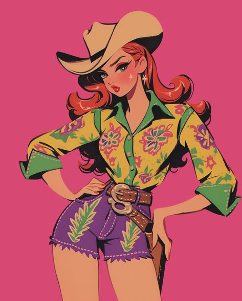 💖🤠✨ . . . #PinupCowgirl #RetroVibes #VintagePinup #CowgirlArt #PinupArt #MidjourneyArt #AIArt #DigitalArt #WesternStyle #CowgirlVibes #PinupStyle #VintageVibes #RetroCowgirl #BoldColors #PinupFashion #PopArtStyle #AIArtCommunity #MidjourneyCreations #CowgirlChic #WesternGlam #PinupInspiration #CowgirlLife #WesternPinup #FloralFashion #GlamourCowgirl 70s Character Design, Cowgirl Drawing, Pin Up Cowgirl, Cowgirl Pinup, Neon Hearts, Cowgirl Poster, Bonnie Blue, Western Glam, Pin Up Drawings