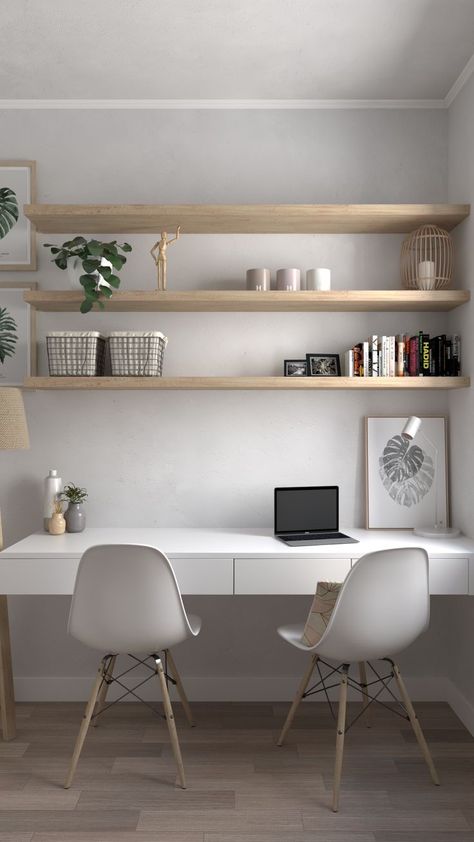 Minimalist Office Bedroom, Scandinavian Home Office Small Spaces, Scandinavian Work Desk, Scandinavian Working Room, Scandinavian Desk Workspaces, Scandi Study Room, Shared Desk Ideas, Home Office Window Desk, Scandinavian Home Office Design