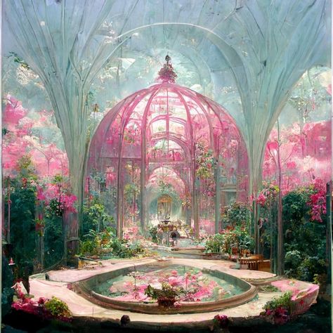 Green House Garden, Art Portrait Painting, The Crystal Palace, Dreamscape Architecture, Surreal Painting, Art Surreal, Fantasy Rooms, Fantasy Castle, Fantasy City