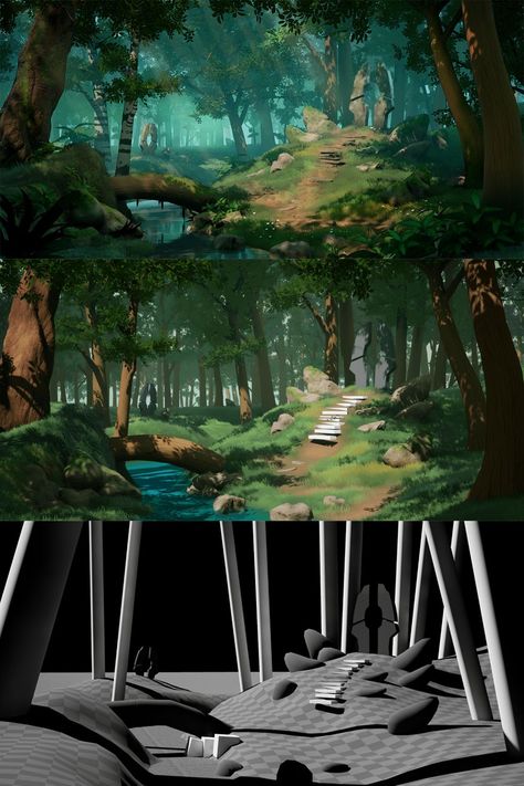 Start your day on the shaded pathway of Qi Zhang’s, “[UE4] Stylized Forest,” based on #ConceptArt by Florian Dreyer. #SpeedTree #Megascans #Maya #ZBrush #SubstancePainter #UE4 #RealTime #Nature #Landscape #Environment #Style #ArtistSpotlight #3D #CG #Render #Design #GameArt #Quixel 3d Art Landscape, 3d Forest Environment, Forest Environment Design, Stylised Environment Concept Art, Magical Forest Concept Art, Dnd Environment Art, Environment Concept Art Sketch, Blender Environment Design, Forest Environment Concept Art