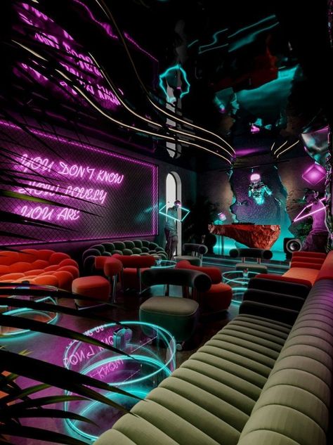 Cyberpunk Interior Design, Cyberpunk Interior, Lounge Aesthetic, Special Design Chandelier, Arcade Bar, Gaming Lounge, Dj Room, Karaoke Room, Nightclub Design