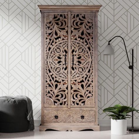 Bungalow Rose Oidhche Solid Wood Armoire & Reviews | Wayfair Tall Armoire, Magnetic Aura, Solid Wood Armoire, Wooden Armoire, Wood Armoire, Deep Shelves, Wooden Wardrobe, Wardrobe Armoire, Solid Mango Wood