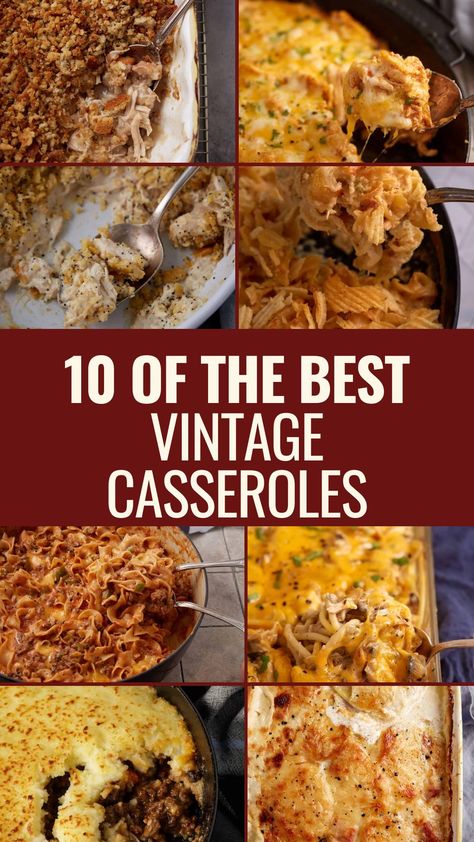 A collage of vintage casseroles. Types Of Casserole Dishes, Recipe For Casseroles, Party Food Casserole, Modern Casserole Recipes, Easy Dinner Recipes For A Large Group, 1950s Casserole Recipes, El Dorado Casserole, Margaret Holmes Recipes, Cooking For 10 People Dinners