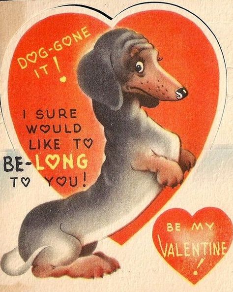 Dear Friends,   Happy Friday!  I hear that it is going to be Valentine's Day, the day of love, in a few days.  (This is, of course, one of m... Valentines Flash, Valentine Ephemera, Valentine Painting, Doxie Art, Valentines Vintage, Valentine Vintage, Vintage Dachshund, Anti Valentines, Dachshund Art