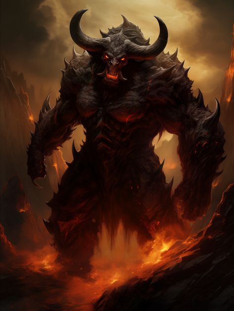 Fire Minotaur, Demon Minotaur, Vampire Stuff, Fantasy Demon, Cool Monsters, Fantasy Beasts, Art Concepts, Home Brew, The Abyss