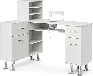 Paddie L-Shaped Manicure Table Nail Station with Shelves, Nail Tech Table Nail Table Station w/Dust Collector, Storage Cabinets, Drawers, Metal Handles & Legs(White) Diy Nail Table, Nail Salon Layout, Nail Desk Ideas, Nail Tech Table, Manicure Table Nail Station, Desk L Shape, Salon Layout, Nail Desk, Nail Table